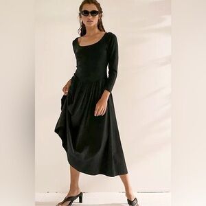 Classic Black Long-Sleeve Scoop Midi Dress